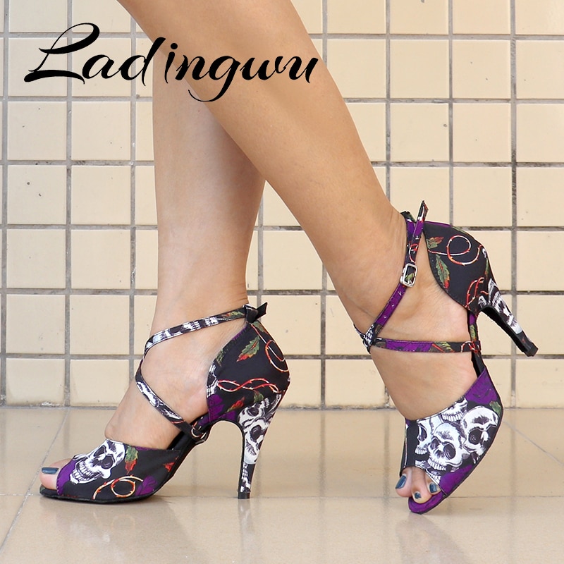 Ladingwu Latin Dance Shoes Women Ballroom Dancing Shoes For Women Holloween Skull Denim Doodle Dance Heels Sandals Women